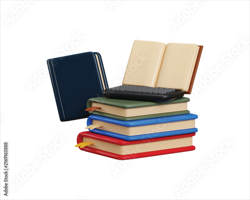 3D Laptop with Book Icon Render for Online Education, E-Learning, Digital Learning, Online Courses and Academic Study