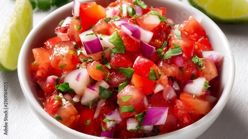 Fresh pico de gallo salsa with diced vegetables and lime wedge in a white ceramic bowl
