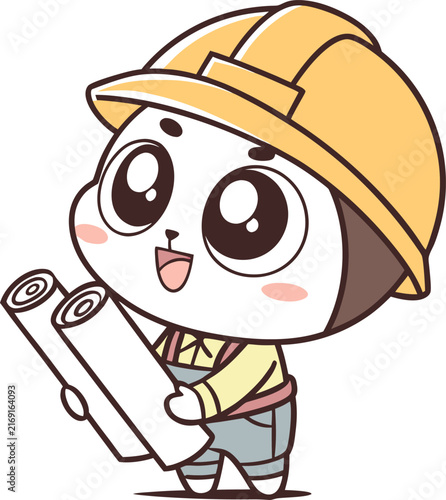cartoon panda construction worker with blueprints

