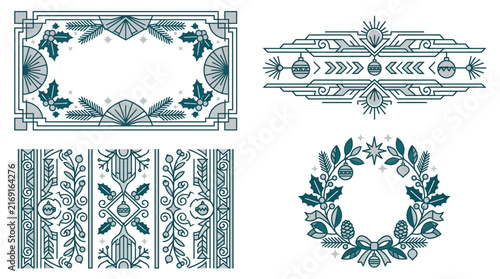 Art Deco Christmas Ornaments and Wreath, Isolated Elements