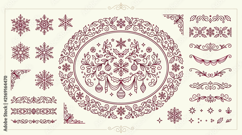 Naklejka premium Elegant Christmas Decorative Elements, Snowflakes, Ornaments, Swirls