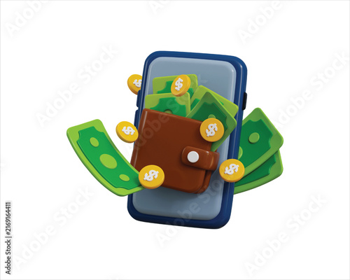 3D Smartphone with Money Bag and Cash Icon Render for Digital Wallet, Mobile Payment, Online Banking, Money Transfer and Fintech