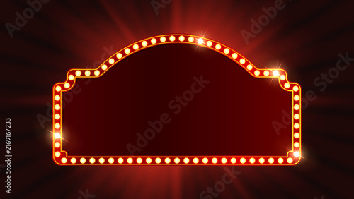 Retro Marquee Light Sign Frame with Glowing Bulbs, Vintage Theater Cinema Blank Banner on Red Background Vector Illustration
