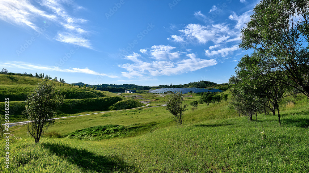 Obraz premium A Vast Scenic Landscape Photograph of Lush Green Hills, Open Meadows, and Scattered Trees Under a Bright Blue Sky with Wispy White Clouds