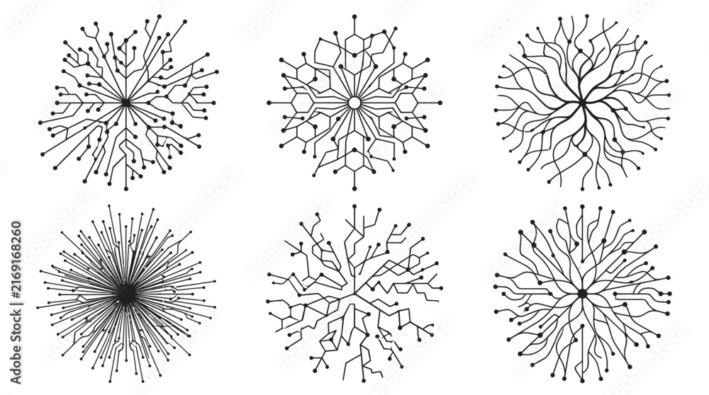 Obraz premium Vector circuit board circular icon set with abstract radial neural network branches and tech connection nodes