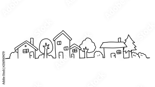 シンプルな家と木の街並みの手描き線画イラスト