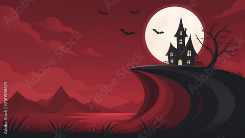 Spooky haunted house on a cliff with full moon and bats in a dark red night landscape