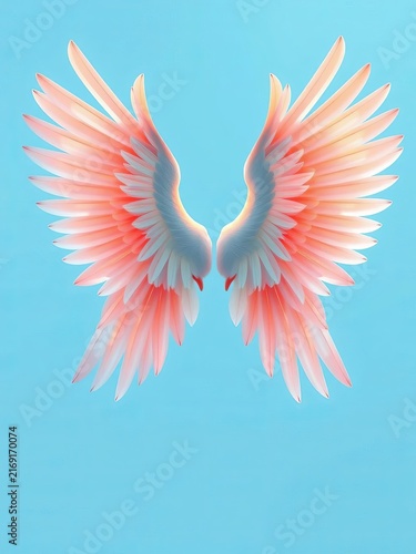 Ethereal wingspan unfolding in soft blue background, spiritual, serene
