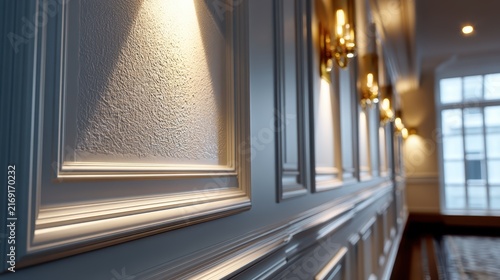Luxury White Molded Wainscoting Wall with Warm Wall Sconce Lighting in Elegant Interior