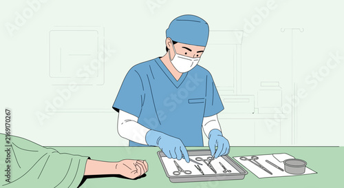 Surgeon preparing medical instruments in operating room with patient's arm visible