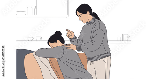 Two women comforting each other, one giving a shoulder massage