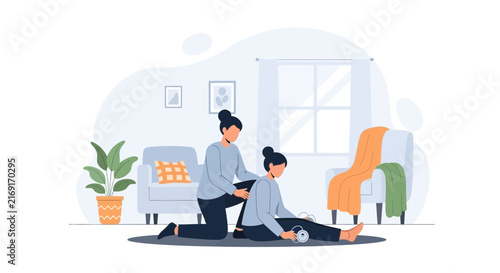 Woman assisted in stretching by personal trainer at home