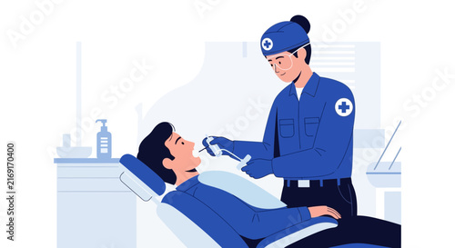 Dentist administering injection to patient in dental chair
