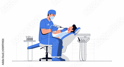 Dentist examining patient's teeth with drill, isolated on transparent background
