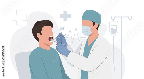 Dentist examining patient's teeth, isolated, medical symbols
