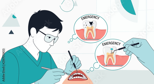 Dentist performing dental examination and treatment, tooth emergency icons