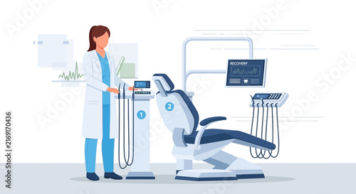 Dentist in clinic with chair and equipment, transparent background