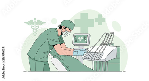 Dentist in scrubs performing dental work with equipment isolated on transparent background