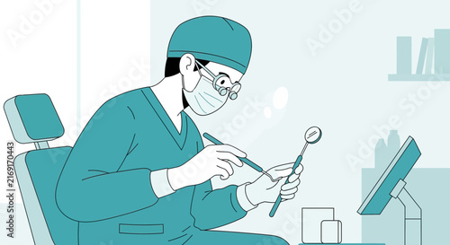 Dentist performing dental examination with tools, isolated on transparent background