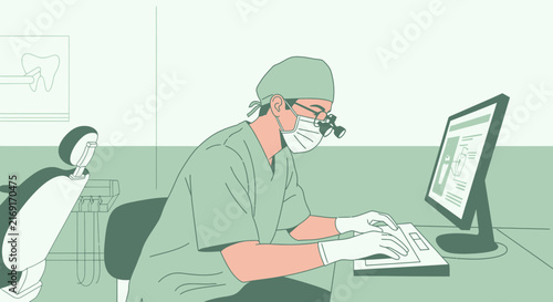 Dentist working on computer in clinic, wearing mask and loupes