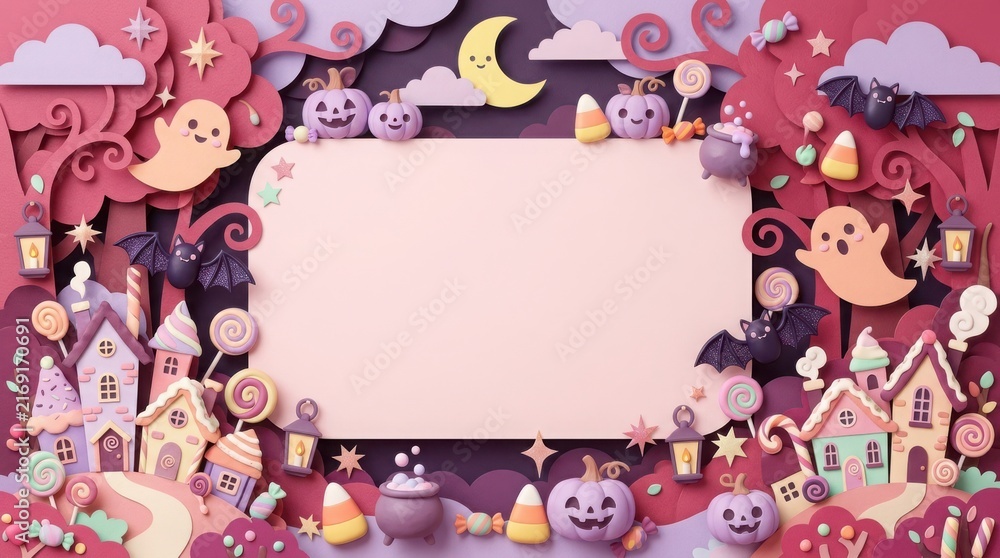 Fototapeta premium Cute 3D Halloween Candy Village Frame with Ghosts, Pumpkins, Bats and Blank Copy Space