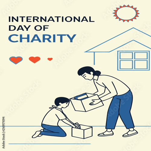 International Day of Charity Minimalist Vector Template with Parent and Child Donating at Home