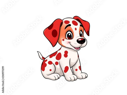 Red cartoon dalmatian puppy with cute spots on white, ||cute, happy