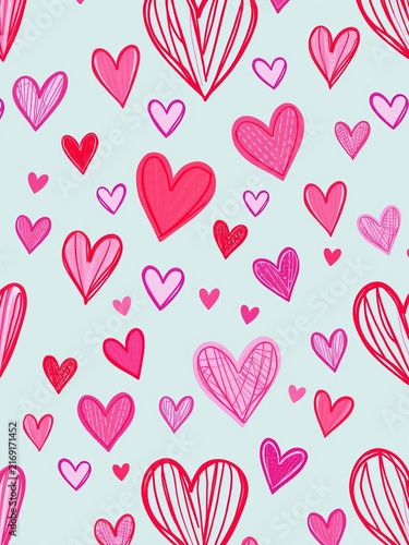 Seamless pattern featuring hand-drawn hearts in shades of red, pink, and purple, hearts, stickers