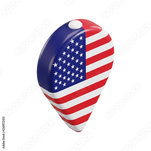 3D location map pin marker with USA flag isolated on transparent background