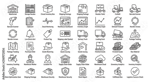 Warehouse and logistics icons represent inventory management, shipping, and delivery processes within a supply chain.