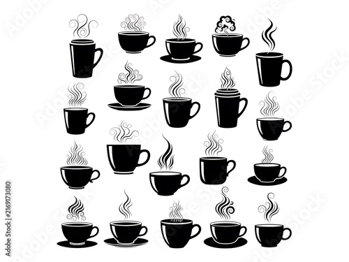 A diverse collection of black silhouette icons featuring various coffee cups