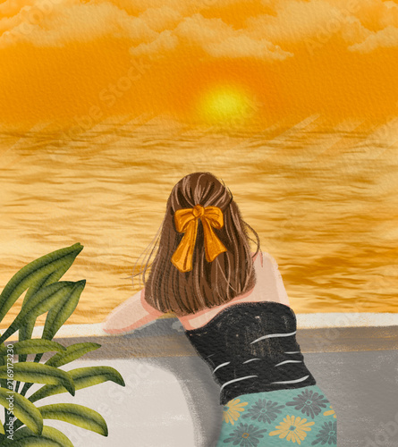 Woman Gazing at Serene Beach Ocean Sunset Illustration - Peaceful Solitude Concept High-quality artistic style with painterly textures.