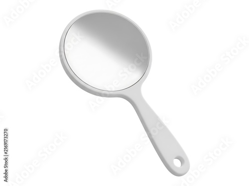Minimalist white handheld mirror with a round reflective glass surface