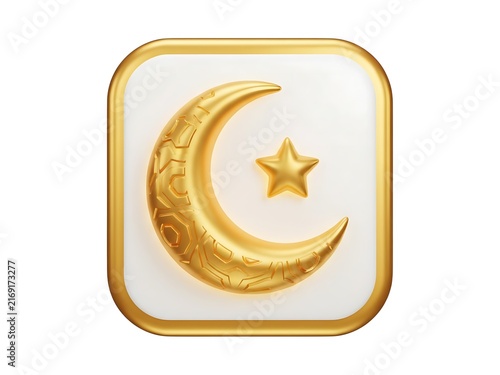 A golden crescent moon and star symbol set within a square rounded border