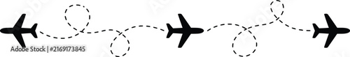 A simple black silhouette icon of airplanes flying in a row isolated on a white background