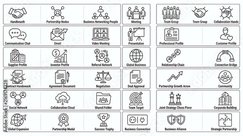 A grid of business-related flat icons depicts various aspects of corporate operations and teamwork.