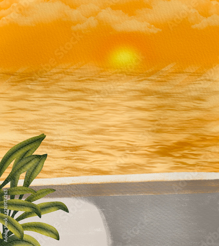 Golden Sunset Over Beach Ocean View from Balcony - Artistic Landscape Illustration