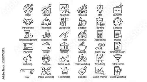 A comprehensive collection of thin line icons representing business concepts and strategies.