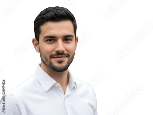 A portrait of a young man with a beard wearing a white shirt on white background