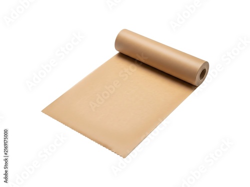 A single roll of brown kraft paper partially unrolled on a white background