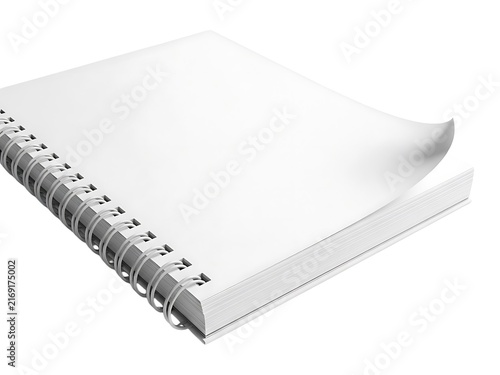A blank spiral bound notebook with white pages isolated on a white background