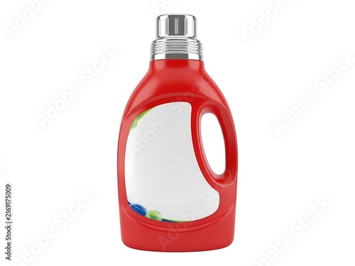 Red plastic laundry detergent bottle with a silver cap on white background