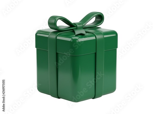 A shiny dark green gift box tied with a matching ribbon and elegant bow