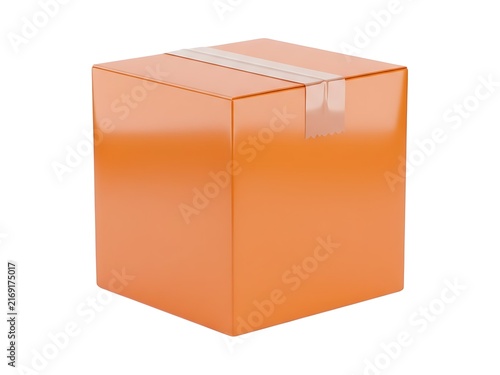 A shiny orange cardboard delivery box isolated against a white background