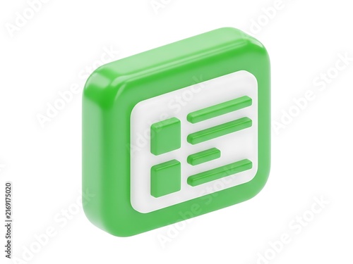 A glossy green 3d icon representing a digital task list or paper document