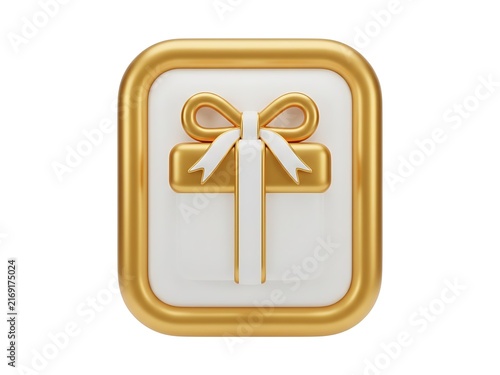 A stylized golden gift icon featuring a ribbon bow inside a rounded frame