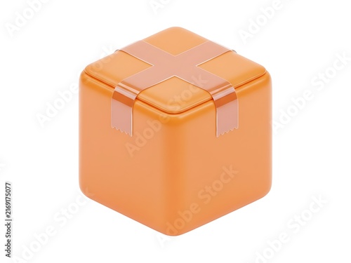 A vibrant orange cube container sealed with a translucent cross shaped tape
