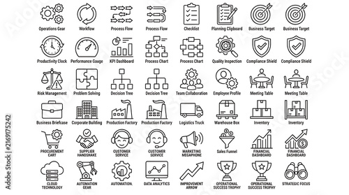 This collection of line art icons visually represents diverse business concepts, including operations, analysis, finance, and team collaboration.