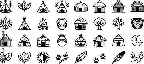 Native American Village Icon Set with Teepee Tents Tribal Huts Campfires Pottery Elements and Nature Symbols for Historic Educational Graphic Designs