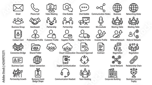 Diverse line art icons illustrate fundamental business operations, communication methods, and team collaboration scenarios.